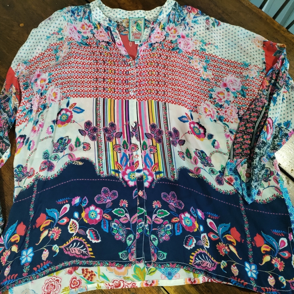Johnny Was. MediumFloral Patchwork Blouse Pre-own… - image 1